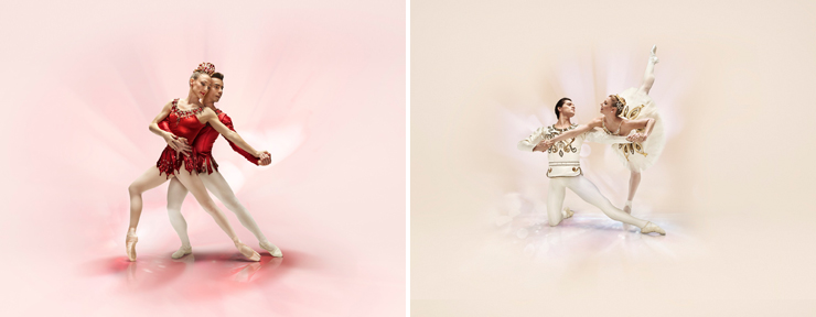 Photo (LEFT):Jewels Rubies<br/>
Tricia Albertson and Renato Penteado, Choreography by George Balanchine, Photo by Alberto Oviedo. (RIGHT): Jewels Diamonds<br/>
Lauren Fadeley and Jovani Furlan, Choreography by George Balanchine, Photo by Alberto Oviedo.