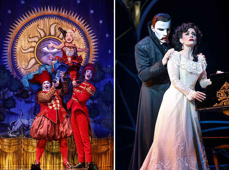 LEFT: Richard Koons (“Squelch”), Katrina Kemp (“Fleck”) and Stephen Petrovich (“Gangle”) star in Love Never Dies. | RIGHT: Gardar Thor Cortes (“The Phantom”) and Meghan Picerno (“Christine Daaé”) star in