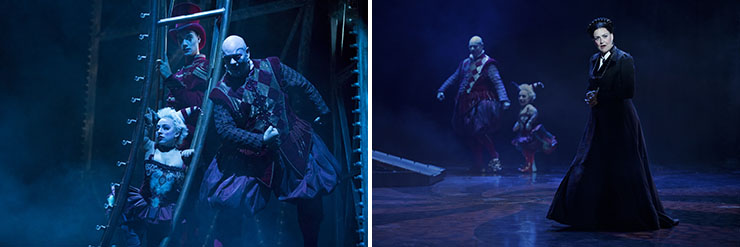 LEFT: Katrina Kemp (“Fleck”), Stephen Petrovich (“Gangle”) and Richard Koons (“Squelch”), star in Love Never Dies. | RIGHT: Richard Koons (“Squelch”), Katrina Kemp (“Fleck”) and Karen Mason (“Madame Giry”) star in