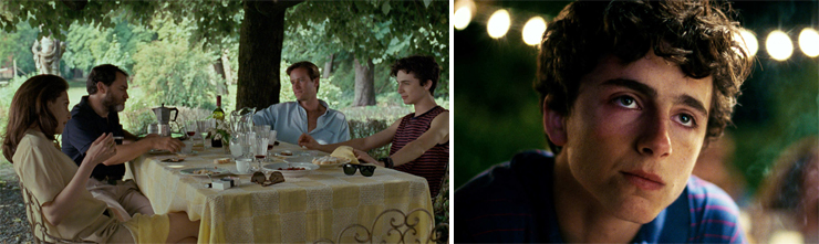 LEFT: Amira Casar, Michael Stuhlbarg, Armie Hammer, Timothée Chalamet. RIGHT: Timothée Chalamet.