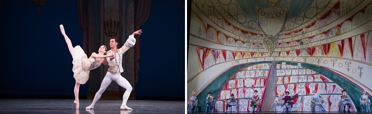 LEFT: Jennifer Lauren and Kleber Rebello in Theme and Variations. Choreography by George Balanchine. The George Balanchine Trust. <br>
RIGHT: Miami City Ballet dancers in The Concert. Choreography by Jerome Robbins. <br>Photo by Alexander Iziliaev.