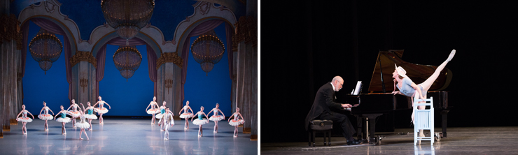 LEFT: MCB_Miami City Ballet dancers in Theme and Variations. Choreography by George Balanchine. The George Balanchine Trust. <br>
RIGHT: MCB_Tricia Albertson and Francisco Renn in The Concert. Choreography by Jerome Robbins. <br>Photo by Alexander Iziliaev.