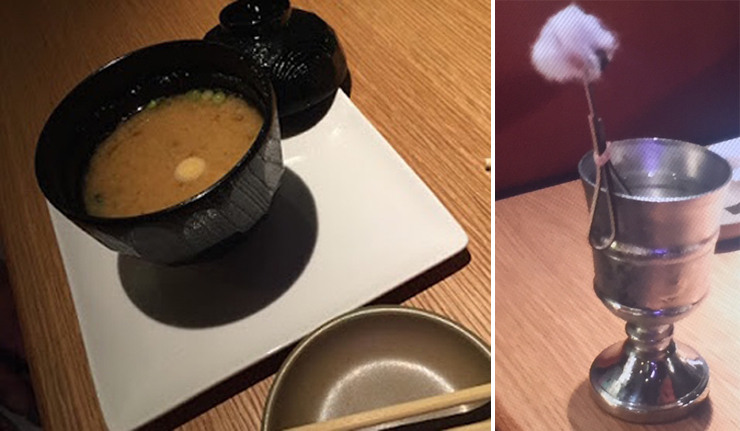 Photo: LEFT: Miso soup, RIGHT: Holy Water. Photo credit: Paul Petrella.