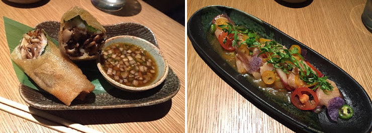 Photo: LEFT: Ebi harumaki, RIGHT: Nikkei sashimi. Photo credit: Paul Petrella.