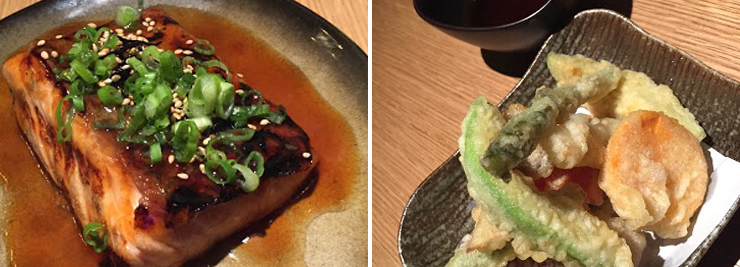 Photo: LEFT: Salmon Nipon, RIGHT: Vegetables Japoneses. Photo credit: Paul Petrella.