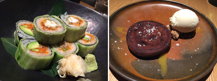 Photo: LEFT: Soft shell crab roll, RIGHT: Chocolate fondant. Photo credit: Paul Petrella.