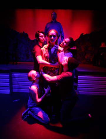 Skillful lighting by Sierra Shreves helps create a variety of effects. Christopher Alvarez, Sabrina Lynn Gore and Johnbarry Green appear in this scene, Photo Credit: Fernando Barron II.
