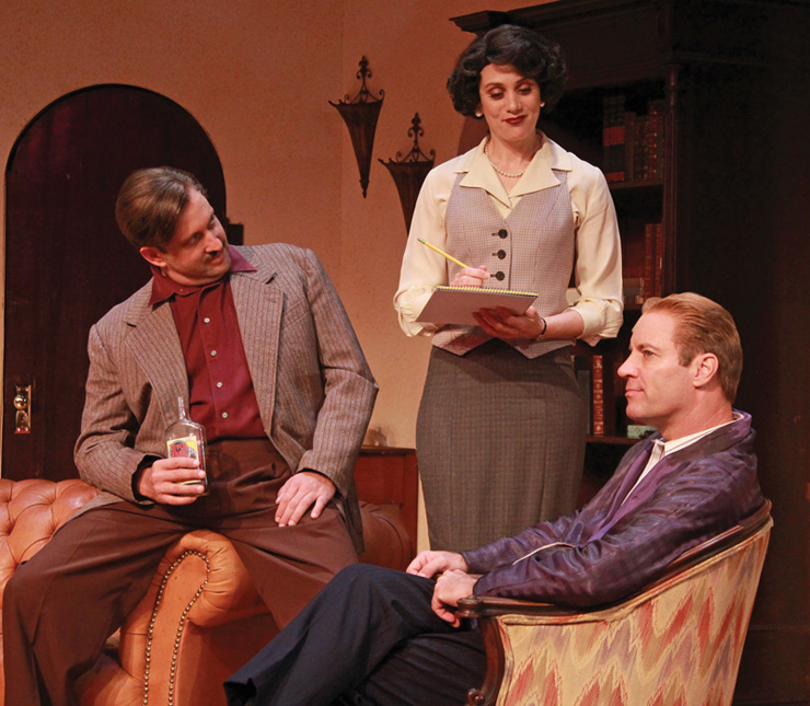 Gregg Weiner (Ernest Hemingway), Jennifer Christa Palmer (Miss Eve Montaigne) and Tom Wahl (F. Scott Fitzgerald) in the Florida premiere of Scott and Hem at Actors’ Playhouse at the Miracle Theatre