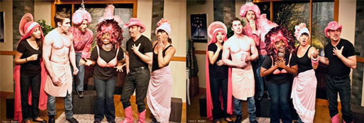 Both photos, from left to right: Gladys Ramirez, Craig Moody, Matthew Stabile, Renee Elizabeth Turner, Larry Buzzeo and Niki Fridh in The Last Time I Saw Bathhouse Betty.