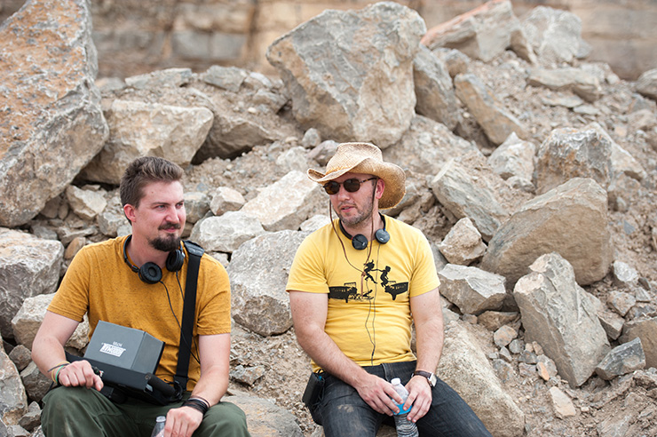 (L-R) Director ADAM WINGARD and Screenwriter SIMON BARRETT on the set of the action thriller THE GUEST, opening in September.