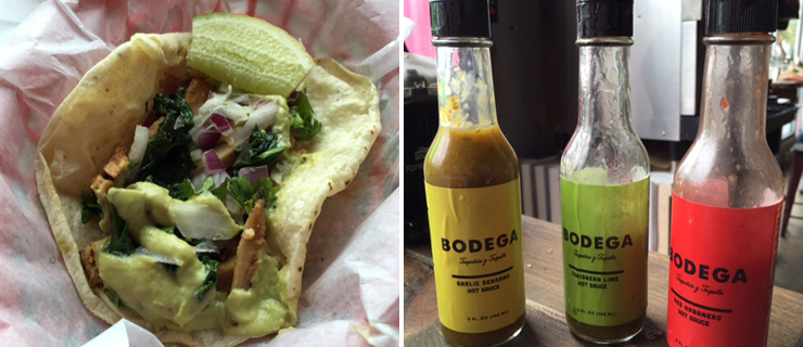 LEFT: Pollo Verde taco. RIGHT: Custom sauces.