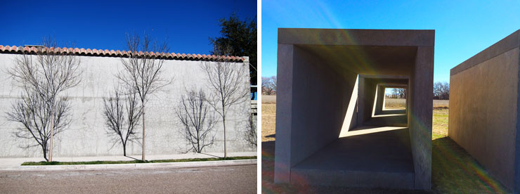 LEFT : The wonderful Marfa light on one Donald Judd Foundation wall.
RIGHT : Donald Judd's untitled cement boxes at Chinati Foundation.