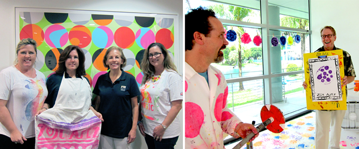 Photos taken by Irene Sperber.<br/>
LEFT: Francine Andersen, Miriam Machado (with Zot Artz apron), Dr Jordana Pomeroy and Dana Pezoldt with digital print by Andrew Reach, RIGHT: Dwayne Szot demonstrating  paint stamp with 