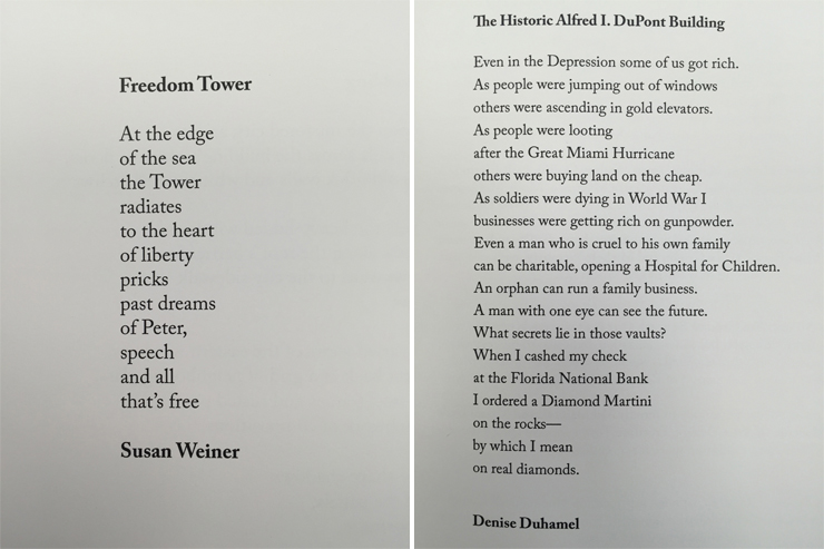 LEFT: Freedom Tower by Susan Weiner. RIGHT: The Historic Alfred I Dupont Building by Denise Duhamel.