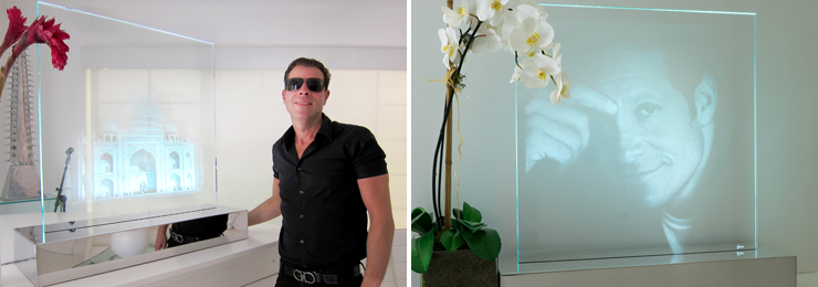 LEFT: Artist David New with his Laser Edged Glass Sculpture