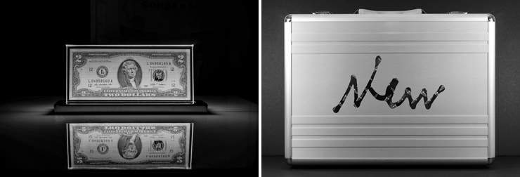 LEFT: USD 2.00 Bill, Laser Edged Glass Sculpture (Photo by Carlos Zevallos). RIGHT: Metal briefcase (with artist's logo) containing original artist signed USD 2.00 bill with Laser Sculpture. (Photo by Carlos Zevallos).