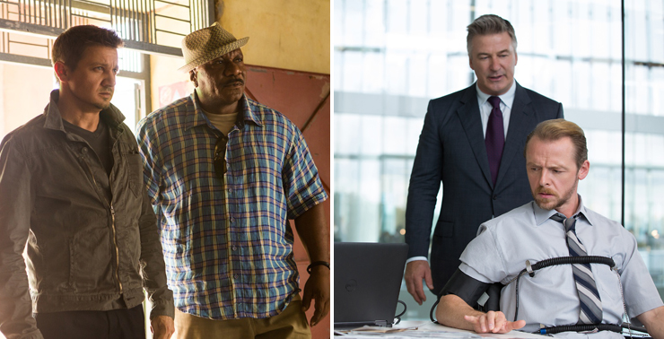 LEFT: Jeremy Renner, Ving Rhames. RIGHT: Alec Baldwin, Simon Pegg.