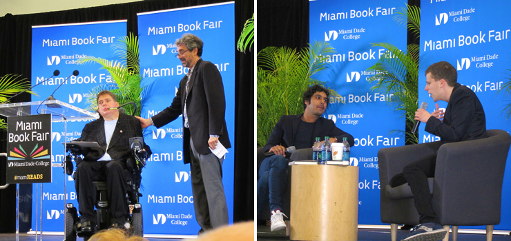 LEFT: Marc  Buoniconti and Mitchell  Kaplan. RIGHT: Jesse Eisenberg and Kunal Nayyar.<br>Photos by Irene Sperber.