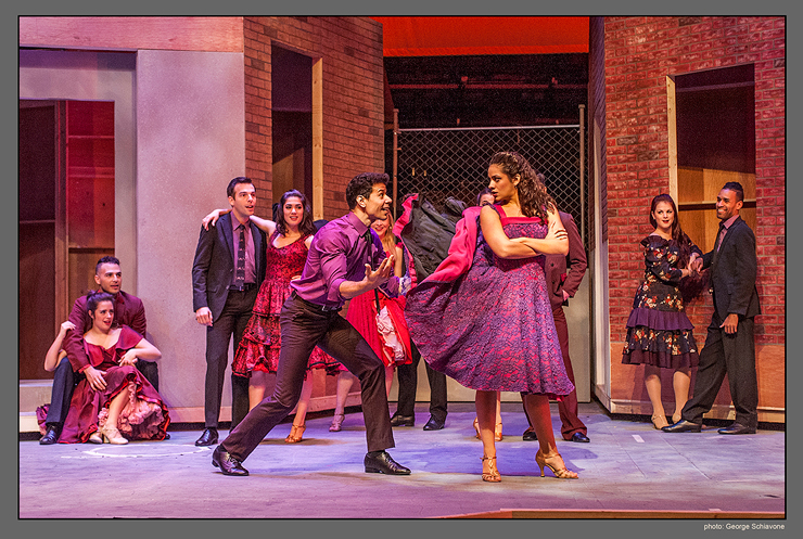 Marco Antonio Santiago (Bernardo), Isabelle McCalla (Anita) and the cast of West Side Story at Actors' Playhouse at the Miracle Theatre.<br> Photo by George Schiavone.