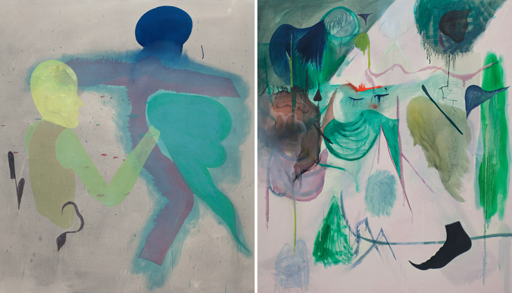 All photos provided by Lowenstein Gallery.<br>
Oil on canvas paintings by Daniel Domig.<br>
LEFT: Whole Holes, 2013. RIGHT: Chaosomos, 2012.