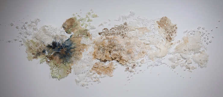 Cartographie Feminine by Griselle Gaudnik. Embroidery on Paper and Fabric, Silver and Lace. Exhibition at CCPS : Talking to Hear Our Threads Rattle.<br>Photo provided by Conde Contemporary.