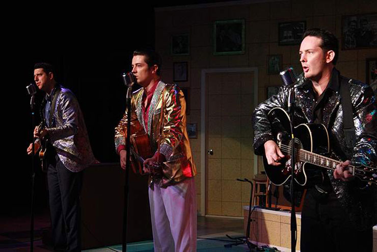 Jeremy Sevelovitz as Carl Perkins, Eddie Clendening as Elvis Presley, Sky Seals as Johnny Cash.<br>
Photo credit: Alberto Romeu.