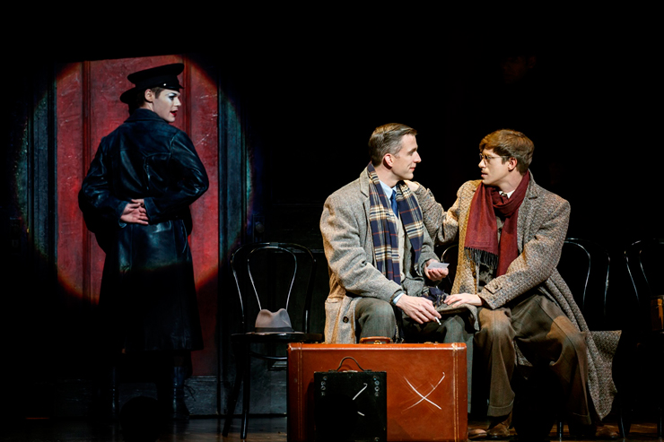 Randy Harrison as Emcee, Benjamin Eakeley as Clifford Bradshaw and Patrick Vaill as Ernst Ludwig in the 2016 National Touring production of Roundabout Theatre Company's CABARET. Photo Credit by Joan Marcus.