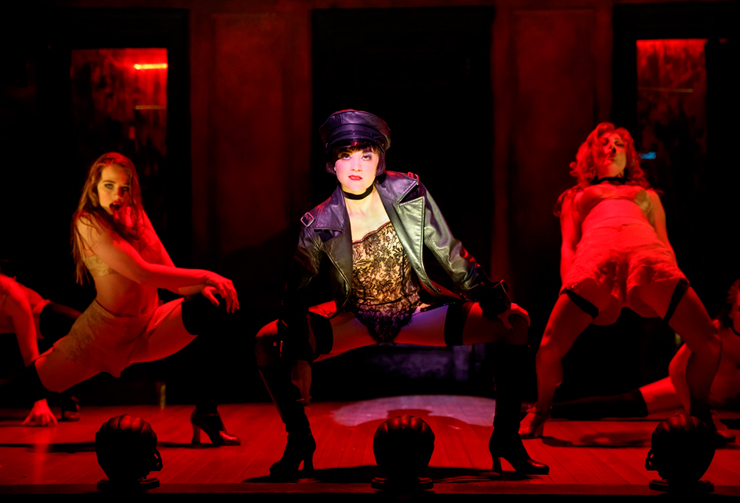 Sarah Bishop as Helga, Andrea Goss as Sally Bowles and Alison Ewing as Fritzie in the 2016 National Tour of Roundabout Theatre Company's CABARET.
Photo Credit by Joan Marcus.
