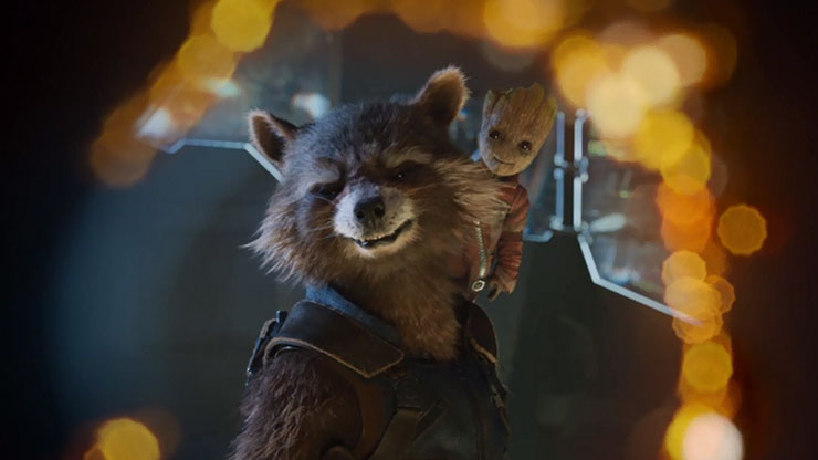 Rocket Raccoon (voice of Bradley Cooper), Baby Groot (voice of Vin Diesel)