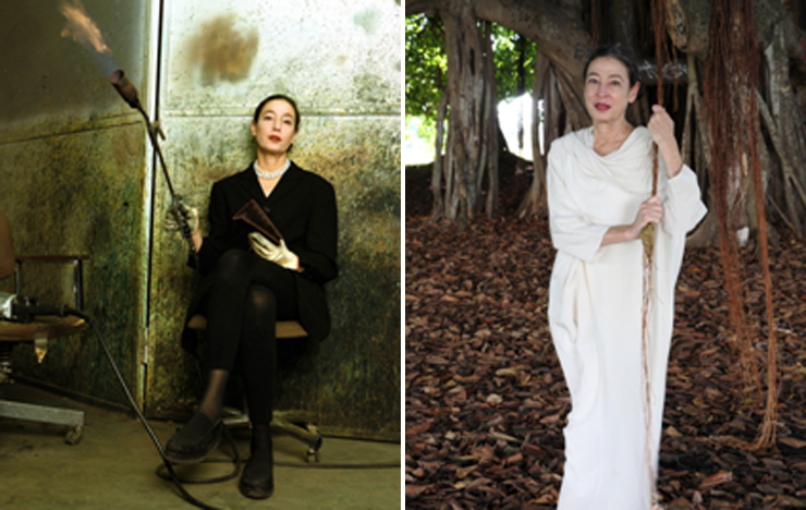 LEFT: A portrait of the artist. RIGHT: Michelle Oka Doner holds on to a banyan tree, garbed in what's become her signature, all dressed in pure white.