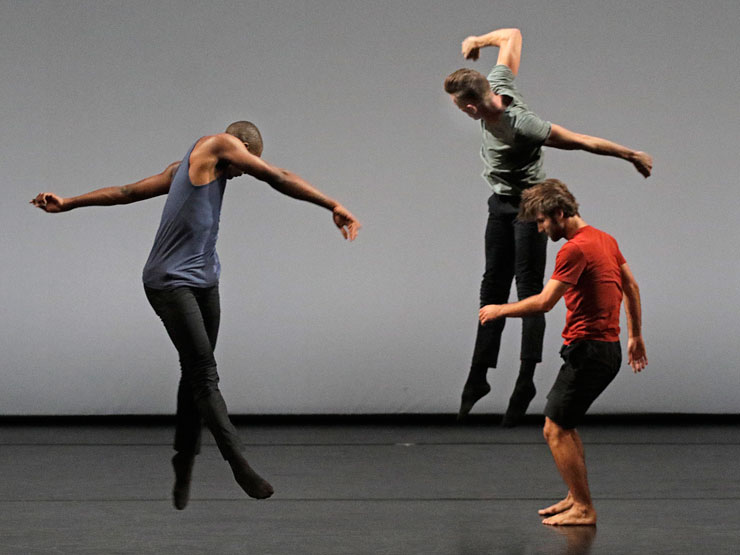 David Adrian Freeland Jr., Nathan Makolandra, and Aaron Carr dance Noé Soulier's “Second Quartet,” which will be presented by LA Dance Project at the Arsht Center on Friday.