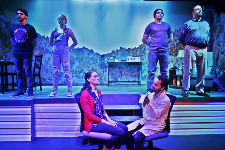 Photo (Front) Sabrina Lynn Gore, as Diana, consults with her doctor (Ernesto K. Gonzalez). Pictured farther upstage are Charlie Alguera as Henry, Camryn (Cami) Handler as Natalie, Christopher Alvarez as Gabe and Johnbarry Green as Dan, Photo Credit: Fernando Barron II.
