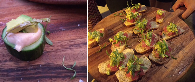 LEFT: Cucumber boat with salmon paste, avocado and fennel. RIGHT: Crostini with tuna tartare and micro greens.