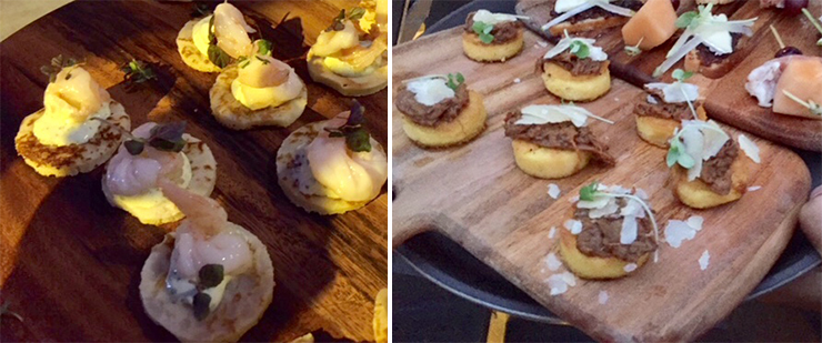 LEFT: Shrimp blini. RIGHT: Polenta with brisket and shaved Parmesan.