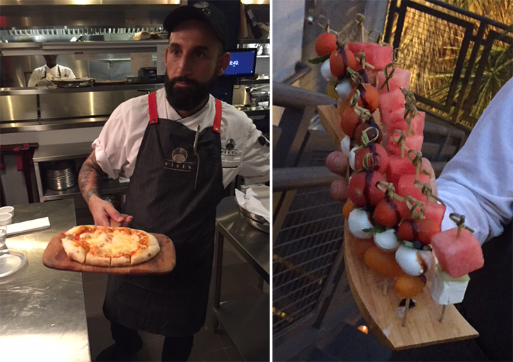 LEFT: Chef presenting cheese pizza. RIGHT: Skewers with watermelon, cucumber, and feta;
skewers with heirloom tomatoes and mozzarella.