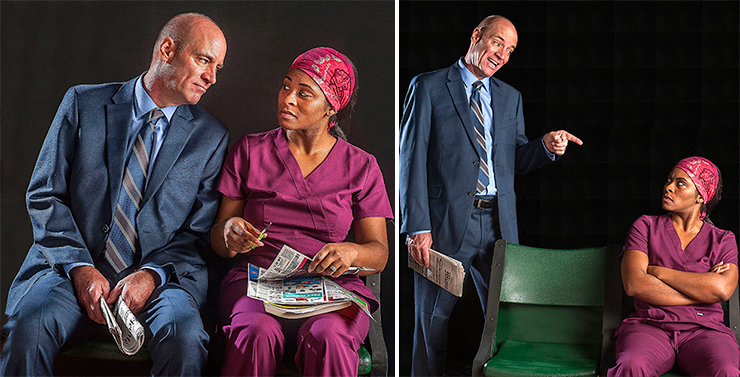 Tom Wahl is a financial consultant, Rita Joe an aspiring nurse in Bruce Graham's “White Guy on the Bus” at GableStage. Photos by George Schiavone.