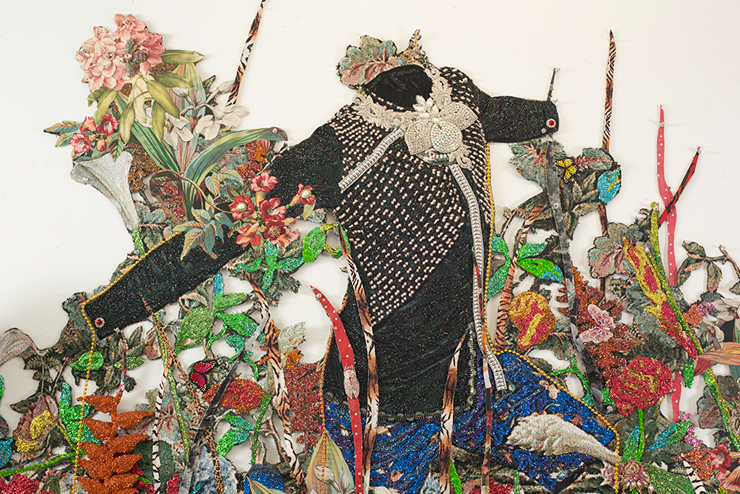Ebony G. Patterson......A waiting black horse, for those who bear/bare witness. 2018.<br/> On display at PAMM.

Hand cut jacquard tapestry, with glitter, appliques, pins, embellishments, fabric, tassels, brooches, acrylic, glass pearls and beads, hand cast embellished  heliconias, shelf, embellished resin owls.  Courtesy of artist and Monique Meloche Gallery, Chicago