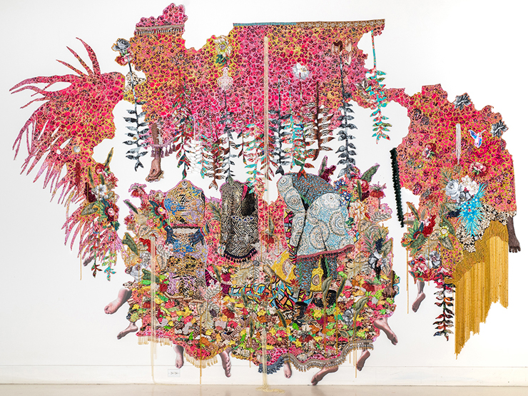 Ebony G. Patterson...they stood at a time of unknowing...for those who bear/bare witness.  2018. On display at PAMM.
<br/>
Hand cut jacquard photo tapestry with glitter, appliques, pins, embellishments, fabric, tassels, brooches, acrylic, glass pearls and beads, hand cast heliconia. Courtesy of the artist and Monique Meloche Gallery, Chicago