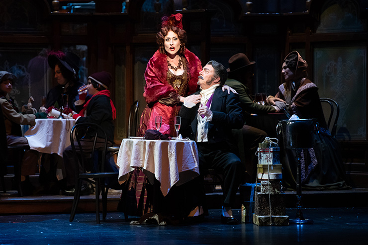 Jessica E. Jones as Musetta with Tony Dillon as Alcindoro. Photographer: Chris Kakol