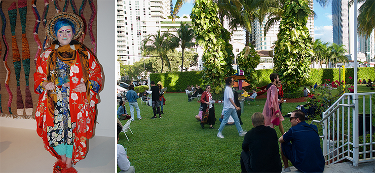 LEFT: Designing artist Bethan Laura Wood at her Design Miami Collector Lounge. RIGHT: The delightful NADA fair gardens at the old Ice Palace.<br>Photos by Irene Sperber.