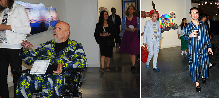 LEFT: Artist Chuck Close at Art Basel. RIGHT: Pajama fashion, Art Basel gallerist from A Gentil Carioca. <br>Photos by Irene Sperber.