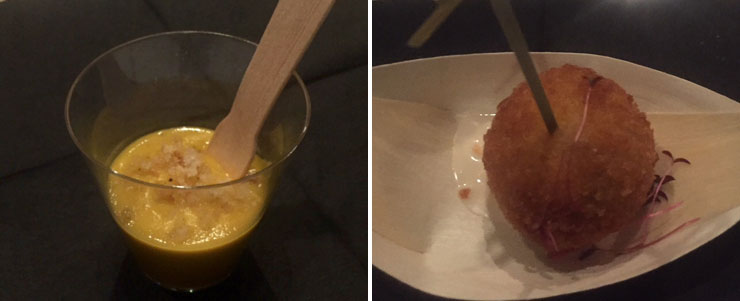 LEFT: Roasted butternut squash soup. RIGHT: Arancini with Caribbean rice and bean.
