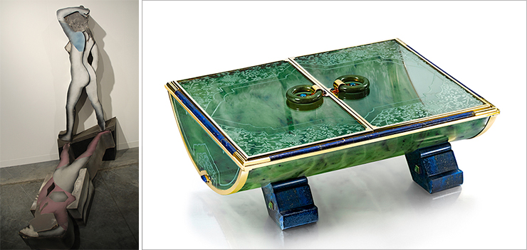 LEFT: Artist Larry Rivers showing at Art Basel gallery Tibor de Nagy. RIGHT: Cartier Table box 1928 courtesy of Siegelson<br>Photos by Irene Sperber.