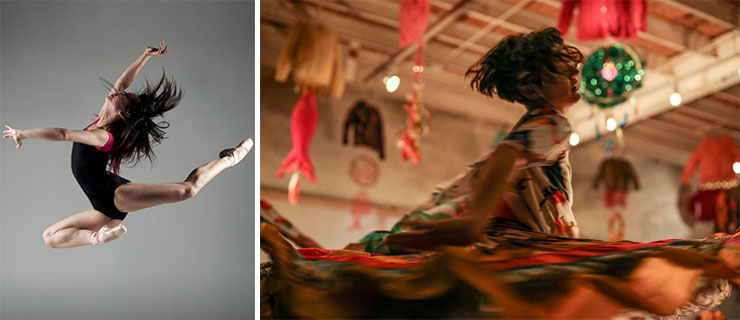 Left, Ajkun Ballet Theatre; right, Brigid Baker WholeProject