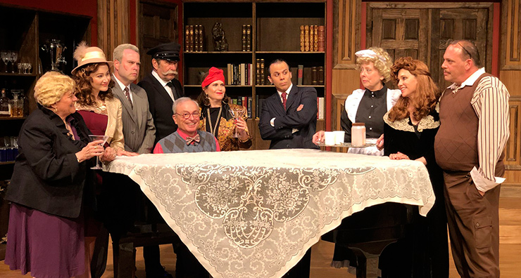 From left to right: JCAT actors Penny Landau (Marjorie), Shaila Sakona (Nikki), Brian Goldberg (O'Reilly), Sonny Levitt (Michael), Mark Firestone (Roger, sitting on piano stool), Peggy Linker (Bernice), Lito Becerra (Eddie), Debbie Bekefi (Helsa), Linda Drozdow (Elsa)  and director John Ferry (Ken) star in 