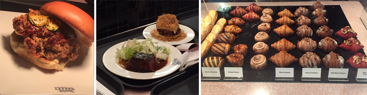 LEFT: Jeremy Ford's spicy fried chicken sandwich with cucumber kimchi and lemon aioli. CENTER: Lena's pastrami short rib and frita classic. RIGHT: Anthony Bachour's pastries.