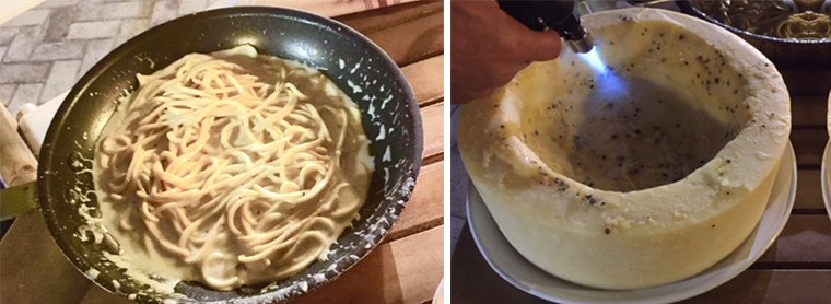 LEFT: Cacio e Pepe presented tableside in saucepan. RIGHT: Torched cheese wheel.