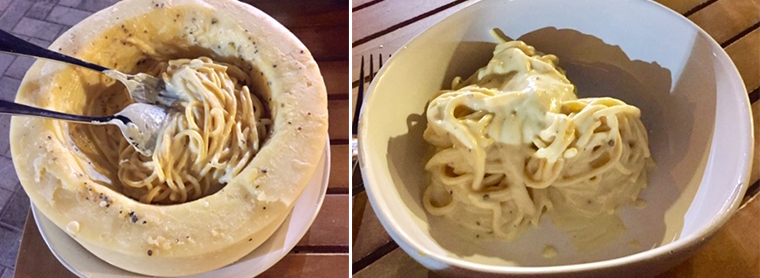 LEFT: Cacio e Pepe finished in cheese wheel. RIGHT: Cacio e Pepe plated.