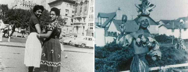 LEFT: Audre Lorde (right) and friend, New York City, circa 1950s, courtesy Audre Lorde<br>
RIGHT: Man dressed as Carmen Miranda, circa 1960s, courtesy First Run Features