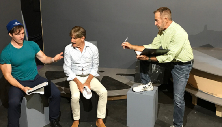 Playwright and director Michael Leeds, right, rehearses actors Clay Cartland and David Edwards for the world premiere of his new play, 